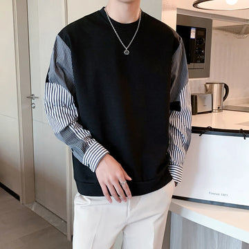 Men's Clothing Casual Stripe Top Black Sweatshirts T Shirt for Man Splicing Harajuku Fashion Xl Sale Streetwear Aesthetic Winter